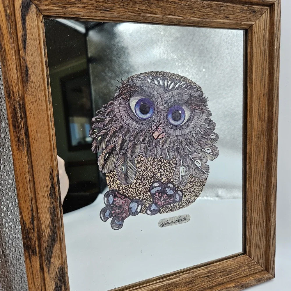 Vintage 1970's Framed Owl Mirror Glenn Heath Big Blue Eyes Long Eyelashes 10x12